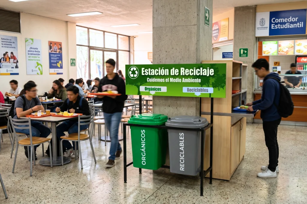 Estación para reciclar en zona de comida universitaria con módulos para orgánicos y reciclables