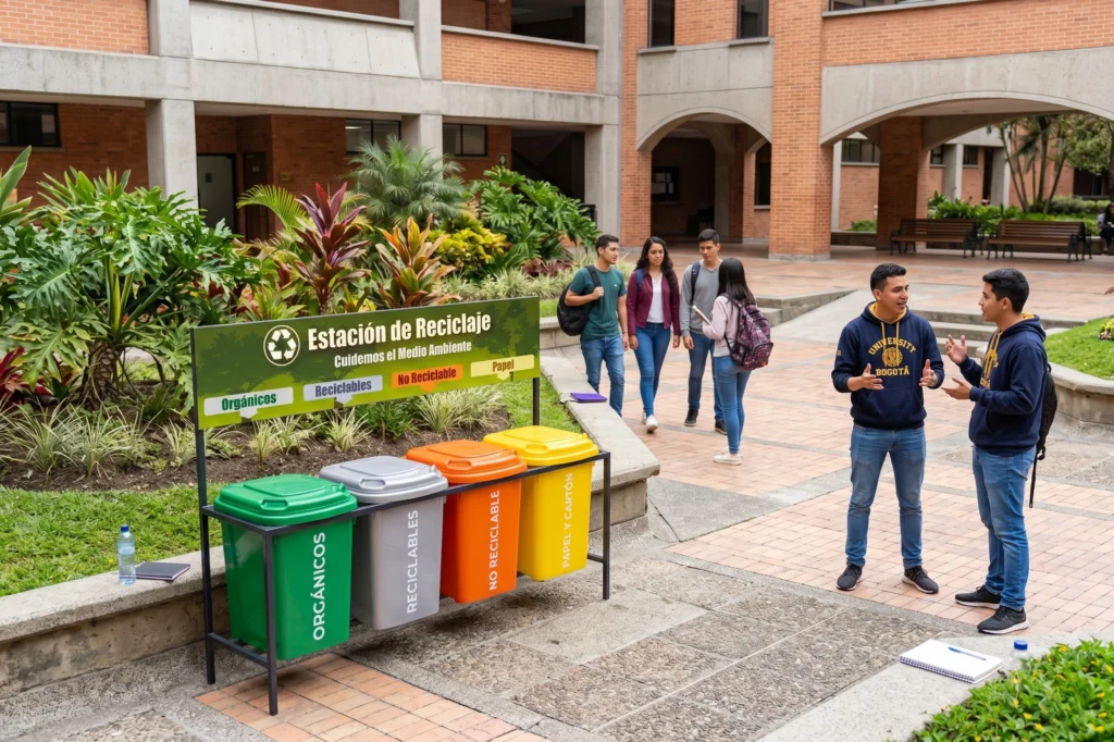 Estación para reciclar en área de descanso universitaria con contenedores para separar residuos por tipo